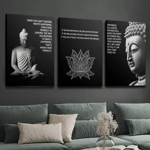 3 Piece Wooden Frame Canvas Print Decorative Art, Inspirational Buddhist Quotes Poster, Buddha Statue Home Decoration, Indoor Wall Art