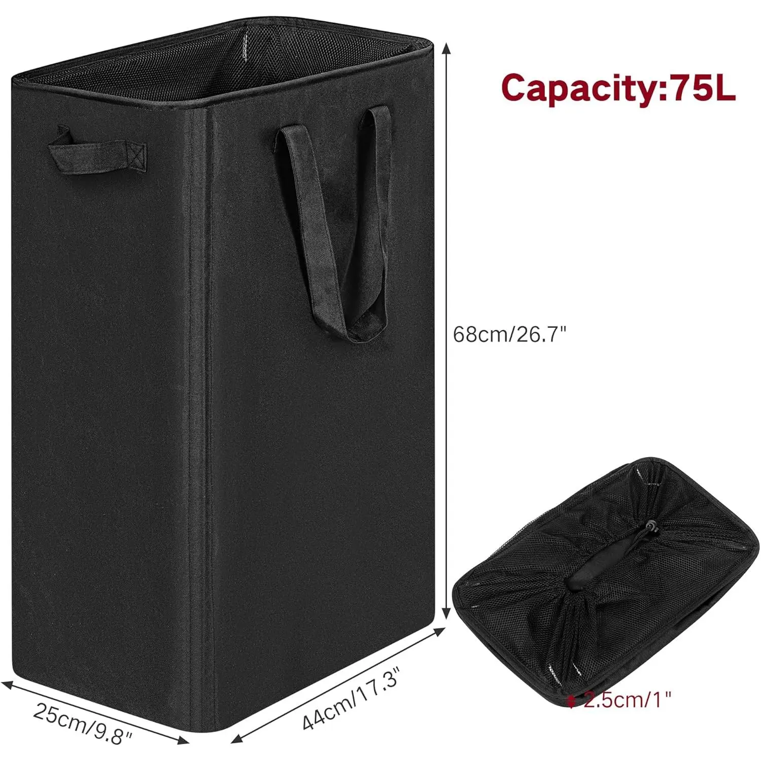 Slim Laundry Basket, Narrow Laundry Hamper with Handles, Collapsible Dirty Clothes Hamper, Tall Laundry Bin for Laundry Room, Dorm and Bedroom, 12.7 Gallons(75L) Black