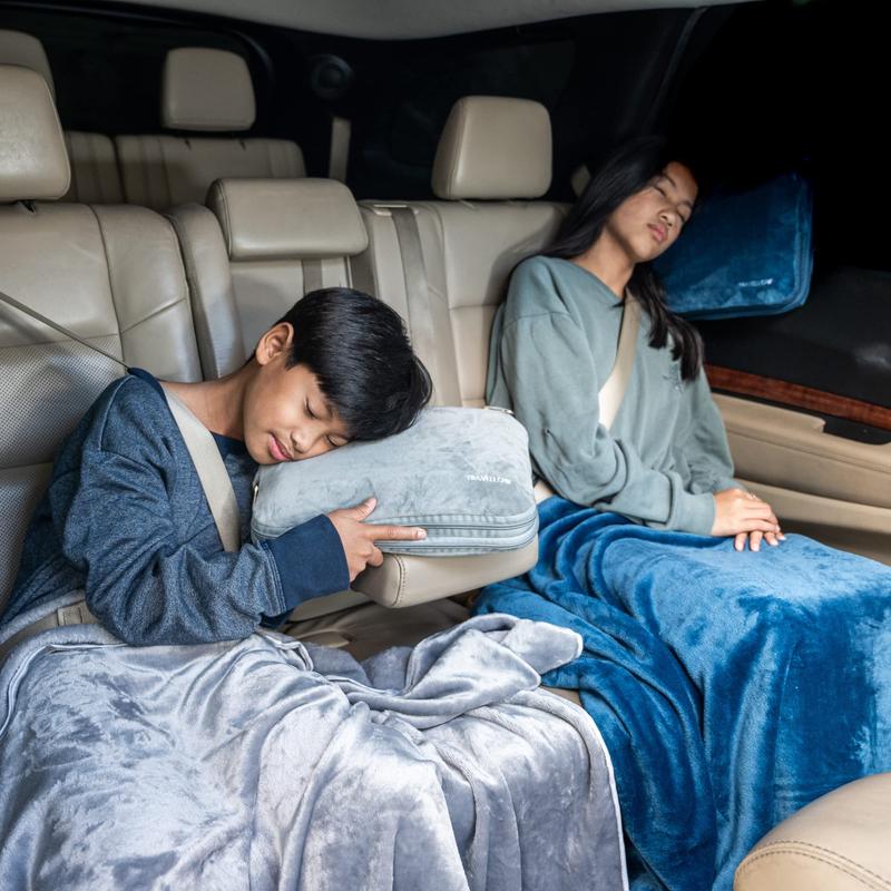 Travellow Travel Pillow and Blanket Set - 4-in-1 Ultimate Travel Kit with Memory Foam Pillow, Travel Blanket, Sleep Mask, and Earplugs-Ultimate Comfort and Coziness for Your Journeys - Blue