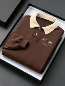 Men's Winter Letter Print Polo Neck Sweatshirt, Casual Outdoor Long Sleeve Pullover, Thick Kint Fabric, Fitted Style