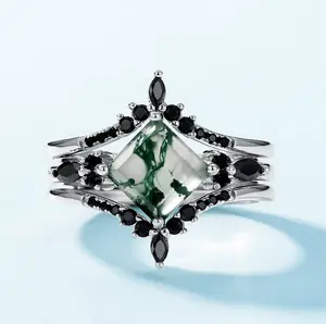 Genuine 925 Sterling Silver Natural Moss Agate Luxury 3PC Crown Ring Set (6-8)