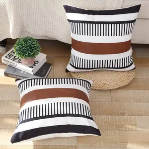 PU patchwork striped pillowcase canvas printed headboard cushion lumbar pillow faux leather pillowcase