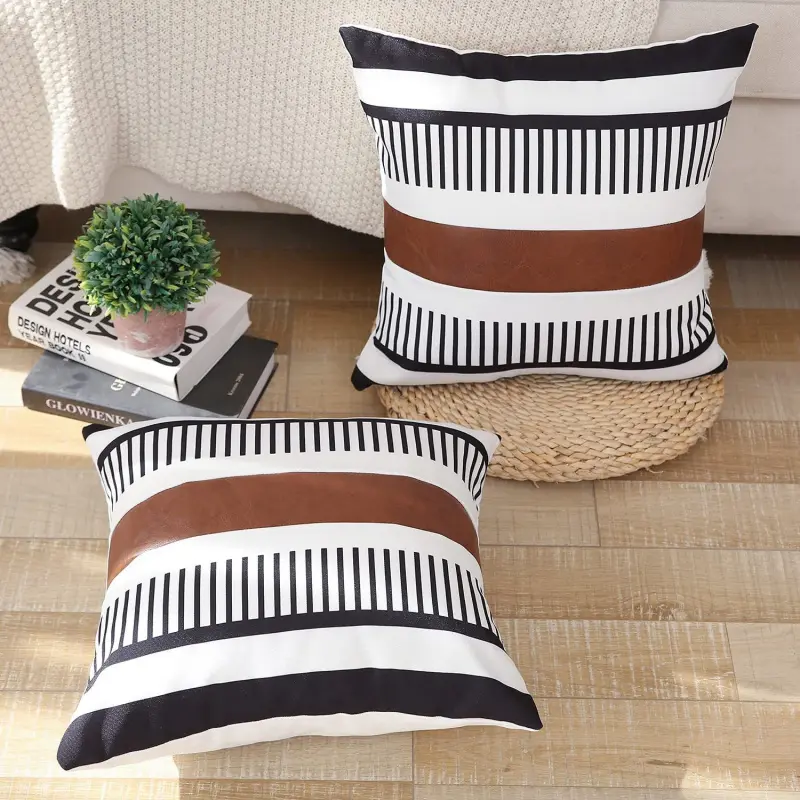 PU patchwork striped pillowcase canvas printed headboard cushion lumbar pillow faux leather pillowcase