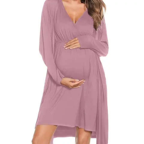 SWOMOG Women's 2-Piece Soft Modal Maternity Gown & Robe Set - Maternity Sets, Breastfeeding Nursing Clothes, Strap-Secure Robe for Women, All Seasons Labor & Hospital Outfits, Sleeveless/Long Sleeves, Hidden Panel, Loose Hem, Spandex Blend Loungewear