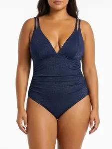 Water Time Women's Navy Blue Sparkly Cross Back One-Piece Swimsuit Tummy Control Ring Detail Bathing Suit