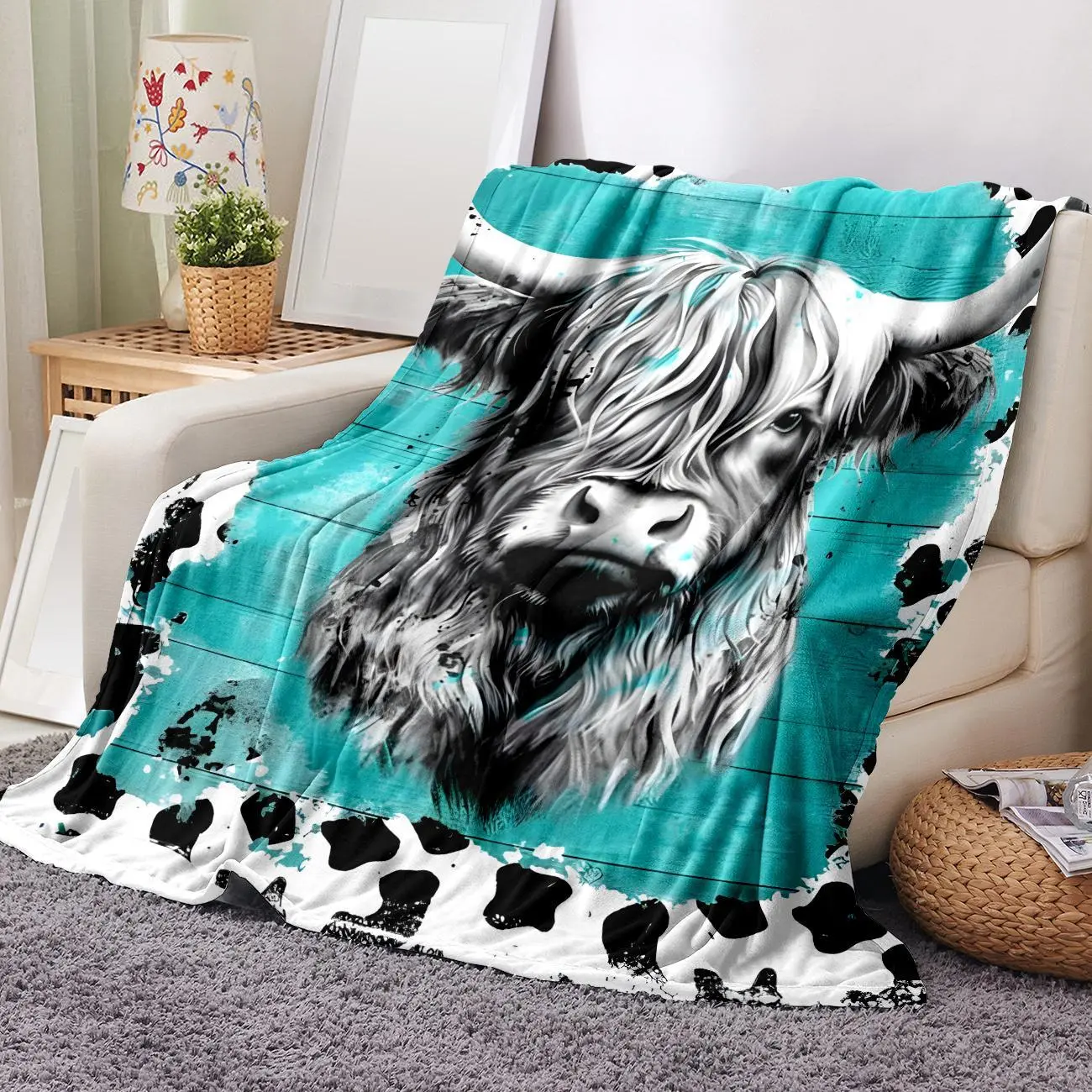 Cow Puzzle Pattern Flannel Blanket, 1 Count Soft Warming Bedding Blanket with Storage Bag, Comfy Lightweight Bedding for Halloween Decor # GLOBAL PICKS