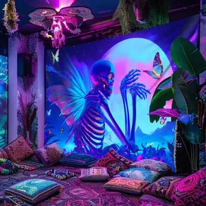 1pc Skull And Butterfly Under The Moon UV Black Light Tapestry, Large Size Peach Skin Fluorescent Tapestry, Bedroom Aesthetic Hanging Tapestry for Party Festival, Bedroom Office Living Room Home Decor, Wall Decoration with Free Accessories