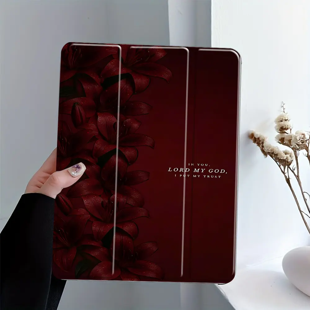 Inspirational Christian Quote Red Lily Aesthetic Handheld Tablet Case with Pencil Holder, Auto Wake/Sleep Function, Protective Casing for iPad 10th/11th/9th/8th/7th/6th/5th Gen, Mini, Air 4th Gen Accessories