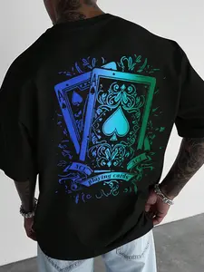 Men's Plus Size Letter Poker a Print T-Shirt, Street Style Casual Wear, Short Sleeve Long Fit, Daily Fashion Tee, Streetwear