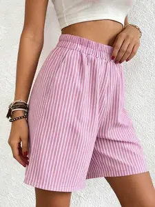 Women’s Vertical Stripe Shorts with Side Pockets Knee Length Elastic Waist Lightweight Comfortable Fabric Loose Fit Casual Outdoor Wear