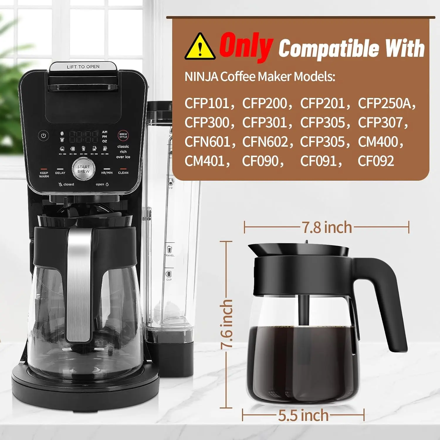 12 Cup Coffee Pot Replacement for Ninja Coffee Maker CFP101 CFP201 CFP301  CFN601 CFP250A CFP300 CFP307, Glass Carafe Replacement with Brew-Through  Lid, Ninja Coffee Pot Replacement with Sturdy Handle - TikTok Shop