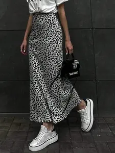 Apperloth Studio Women's Black and White Leopard Print Maxi Skirt - High Waist Satin Flared Skirt for Casual Streetwear