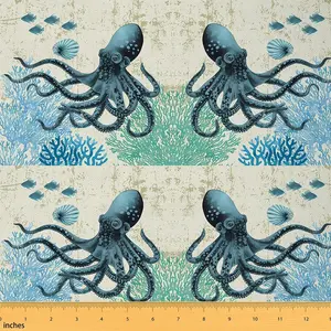 Octopus Fabric By The Yard,Ocean Kraken Decorative Waterproof Fabric,Tentacles Upholstery Fabric for Chairs,Sealife Sea Animal Coral Blue Green Fabric