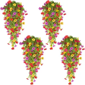 4 Pcs Artificial Flowers for Outdoors Spring Summer Decor, Vibrant Faux Flowers Fake Hanging Plants UV Resistant Faux Plastic Greenery Hanging Flowers for Outside Gardens Porch Wall Home Indoor (Mixed Color)