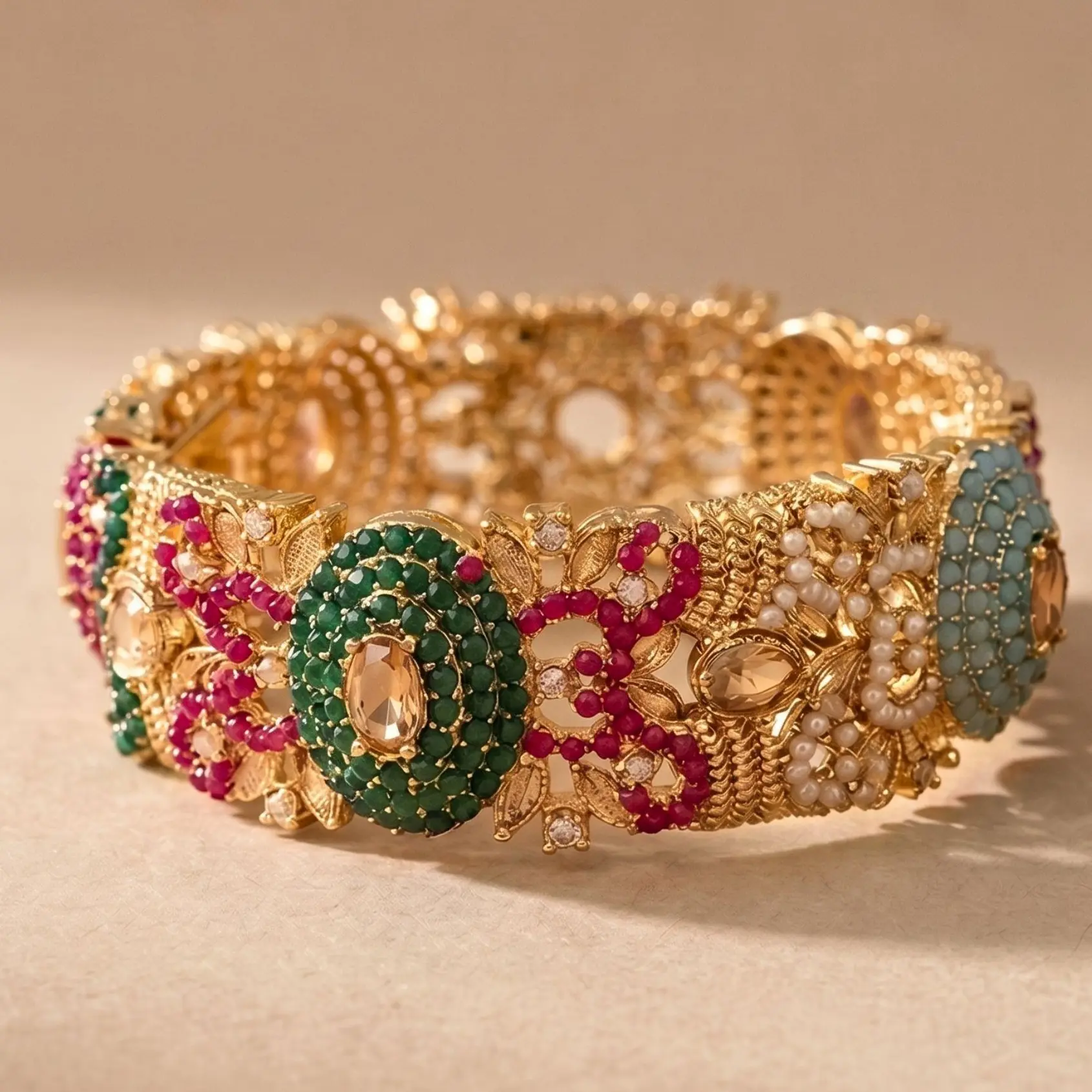Nauratan Openable Single Bangle, Multi Color Stone Bracelet, Pakistani Jewelry, Size 2.4, 2.6, & 28