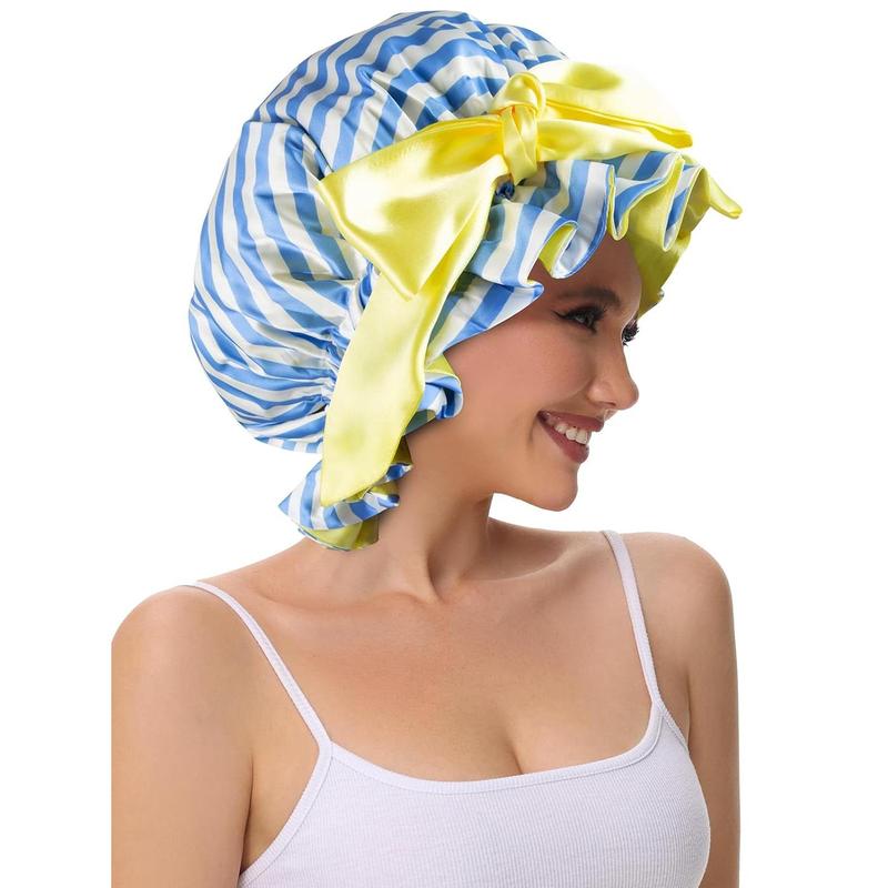 Silk Bonnet, Satin Hair Shower Cap for Sleeping Women 2025 Tie Band Adjustable Straps  Wrap for Curly Hair Blue Stripe F