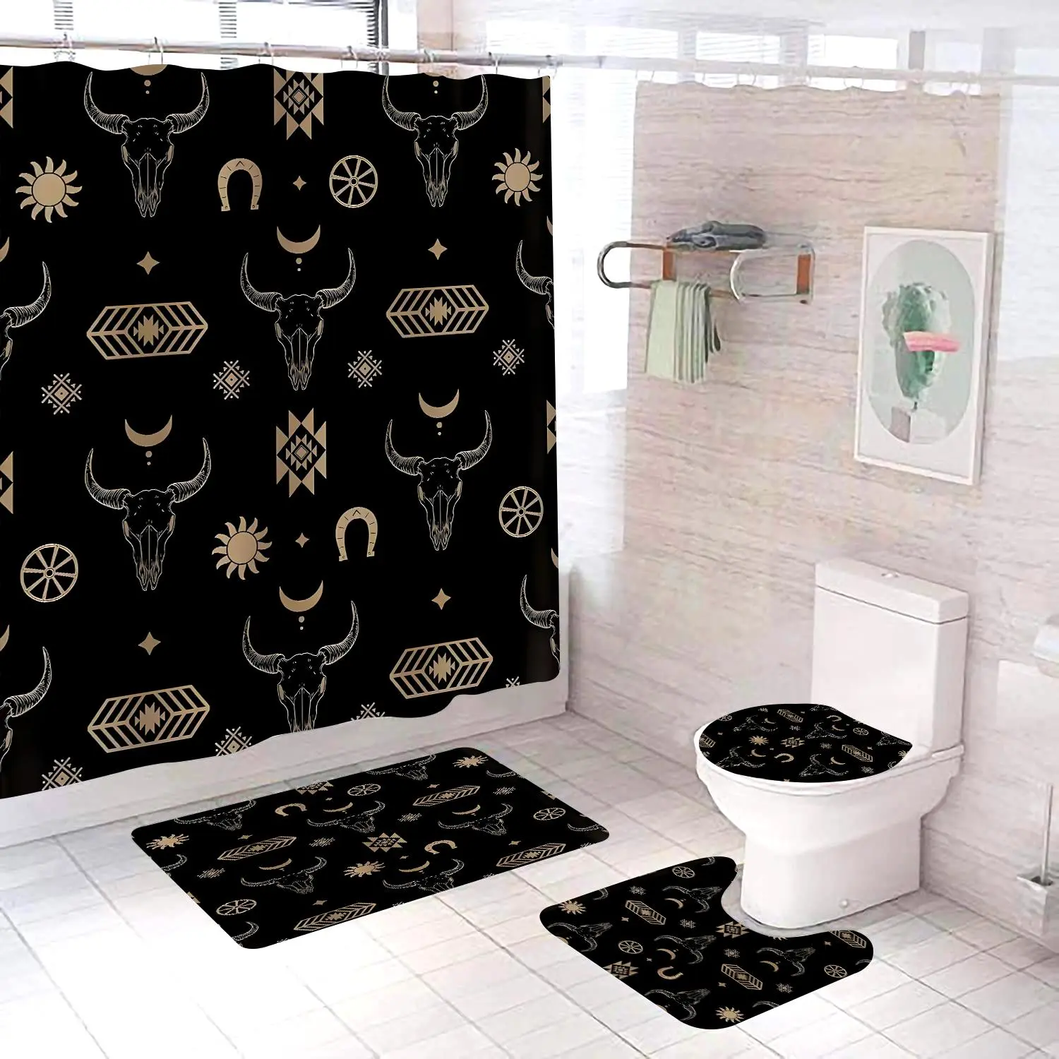 Western Cow Head Pattern Bathroom Restroom Accessories, 4 Counts/set Including Shower Curtain & Toilet Lid Cover & Floor Mat & U-shaped Mat, Bathroom Decor Supplies, Home Goods, Shower Curtain Sets, Bathroom Decor And Accessories