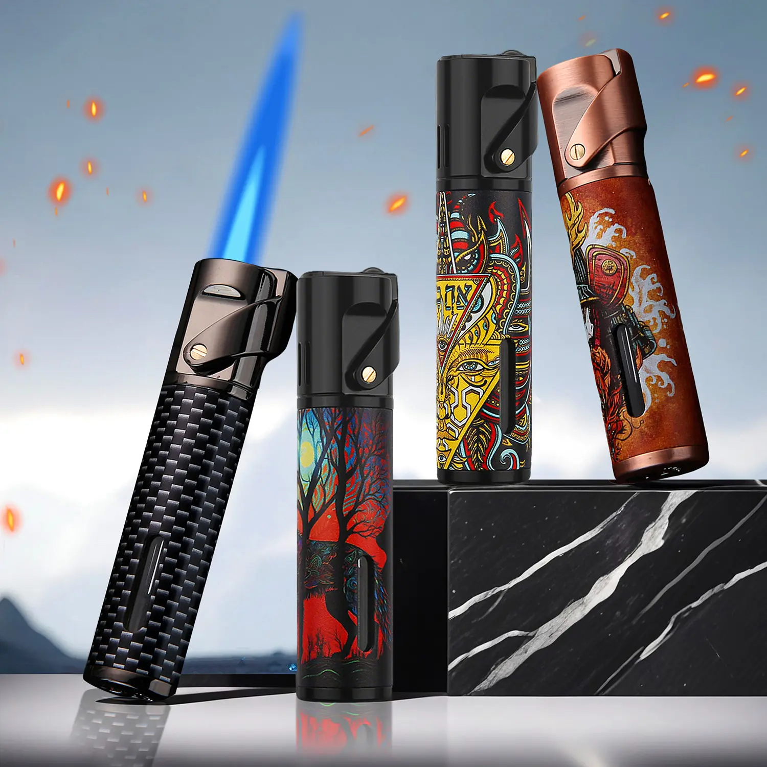 Metal Torch Lighter, Creative Colorful Pattern Cylinder Windproof Refillable Butane Jet Blue Flame Torch Lighter with Press Ignition, Made of Zinc Alloy, Easier to Use for Better Camping Barbecue Experience (No Butane Fuel)