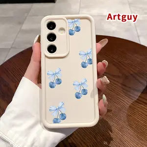 Soft Phone Case Compatible with Samsung Galaxy S24 Plus S25 S23 S22 Ultra S24+ Blue cherry bows TPU Bumper Camera Lens Protection Rugged Durable Phone Cover for Boy