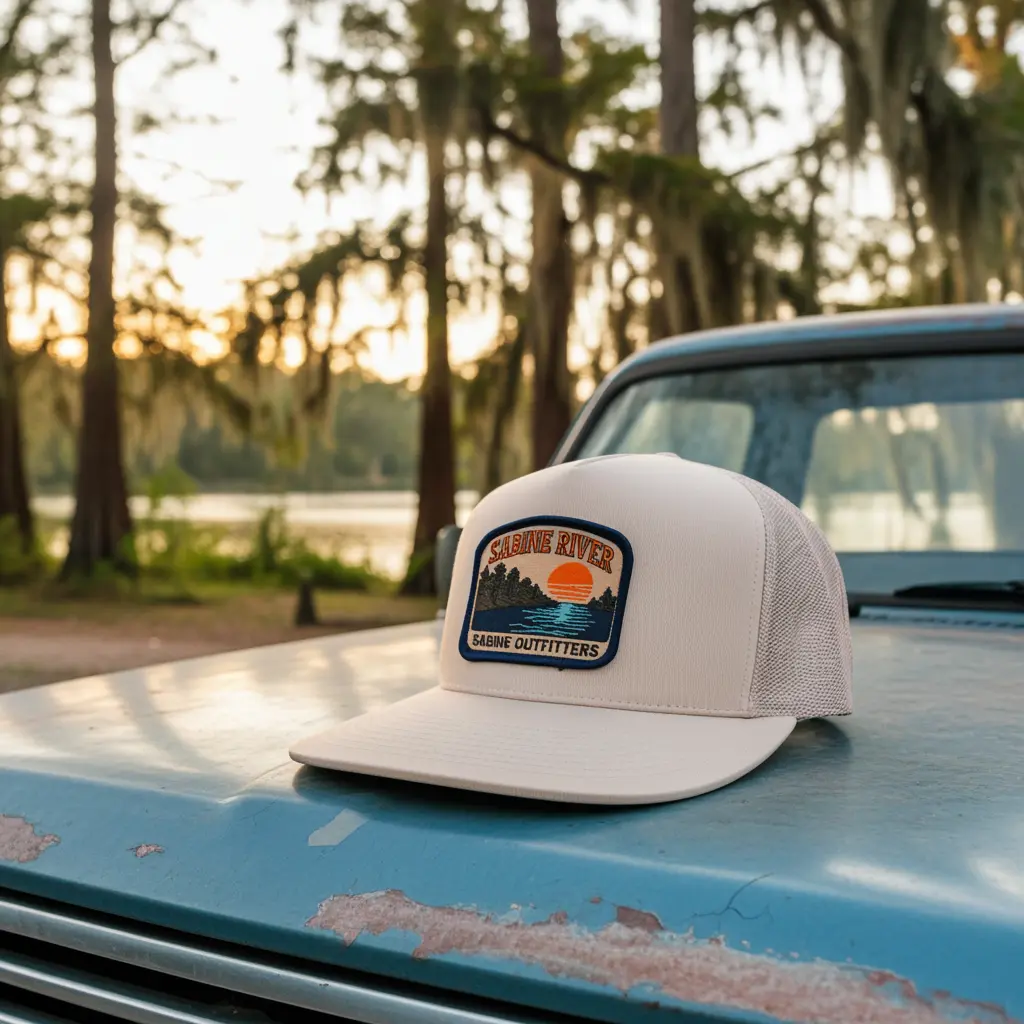 Unisex Breathable Synthetic Flat Bill Trucker Hat - Adjustable Mesh Snapback, Custom Sabine River Embroidered Sunset Patch, Neutral Color Outdoor Hat for Fishing, Beach Casual Wear, One Size Fits Most