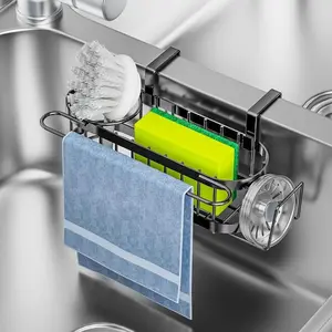 3-in-1 Sponge Holder for Kitchen Sink  (Hanging&Adhesive), Stainless Steel Movable Brush Holder + Dish Cloth Hanger, Hanging Sink  Organizer, in Sink Organizer Accessories Rack