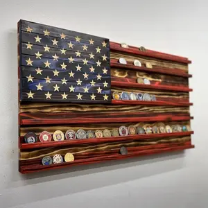 Unique Handcrafted Wooden American Flag Challenge Coin Display, Perfect for Firefighters, Police, and Military Enthusiasts