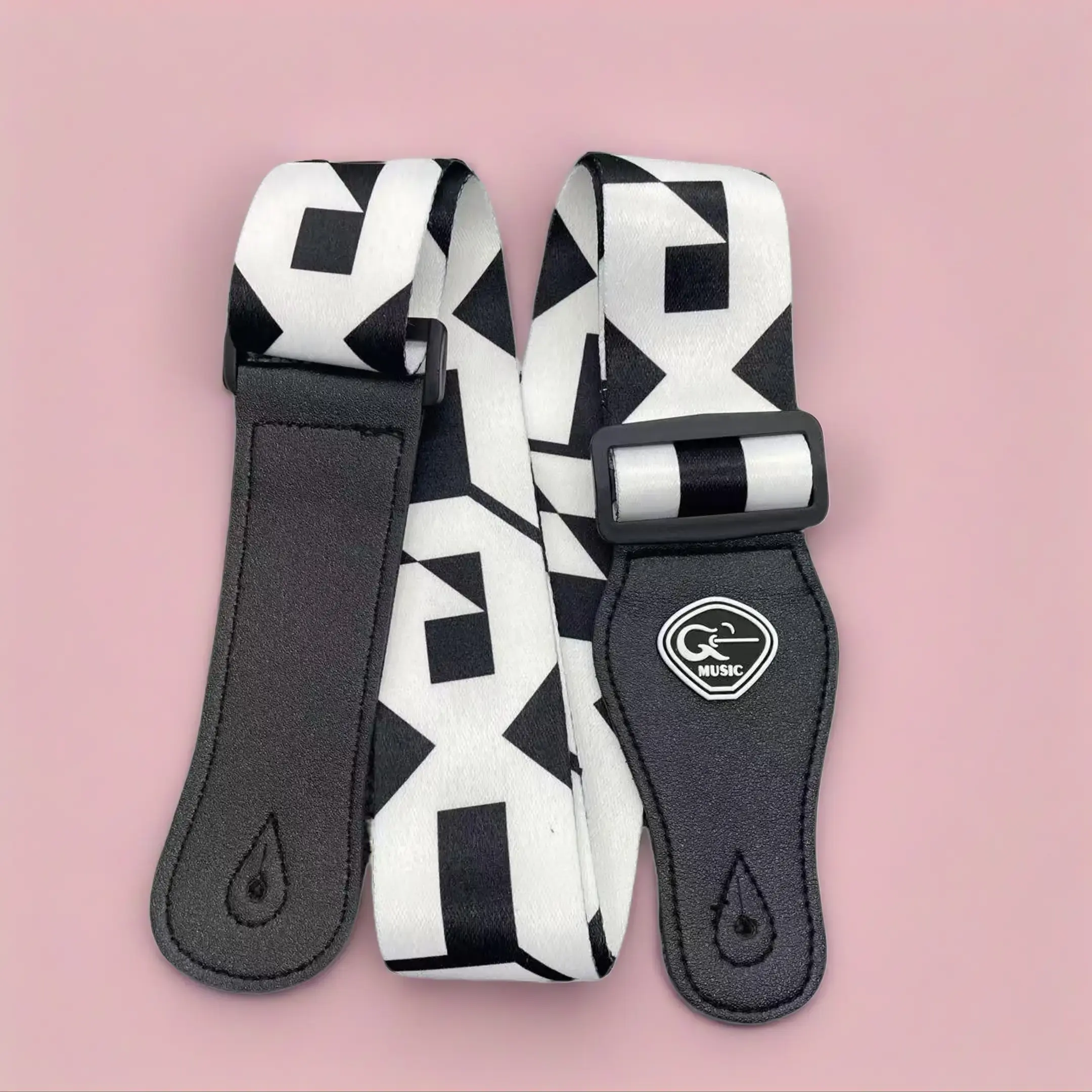 Black & White Geometric Guitar Strap,Universal Adjustable,PU Leather End