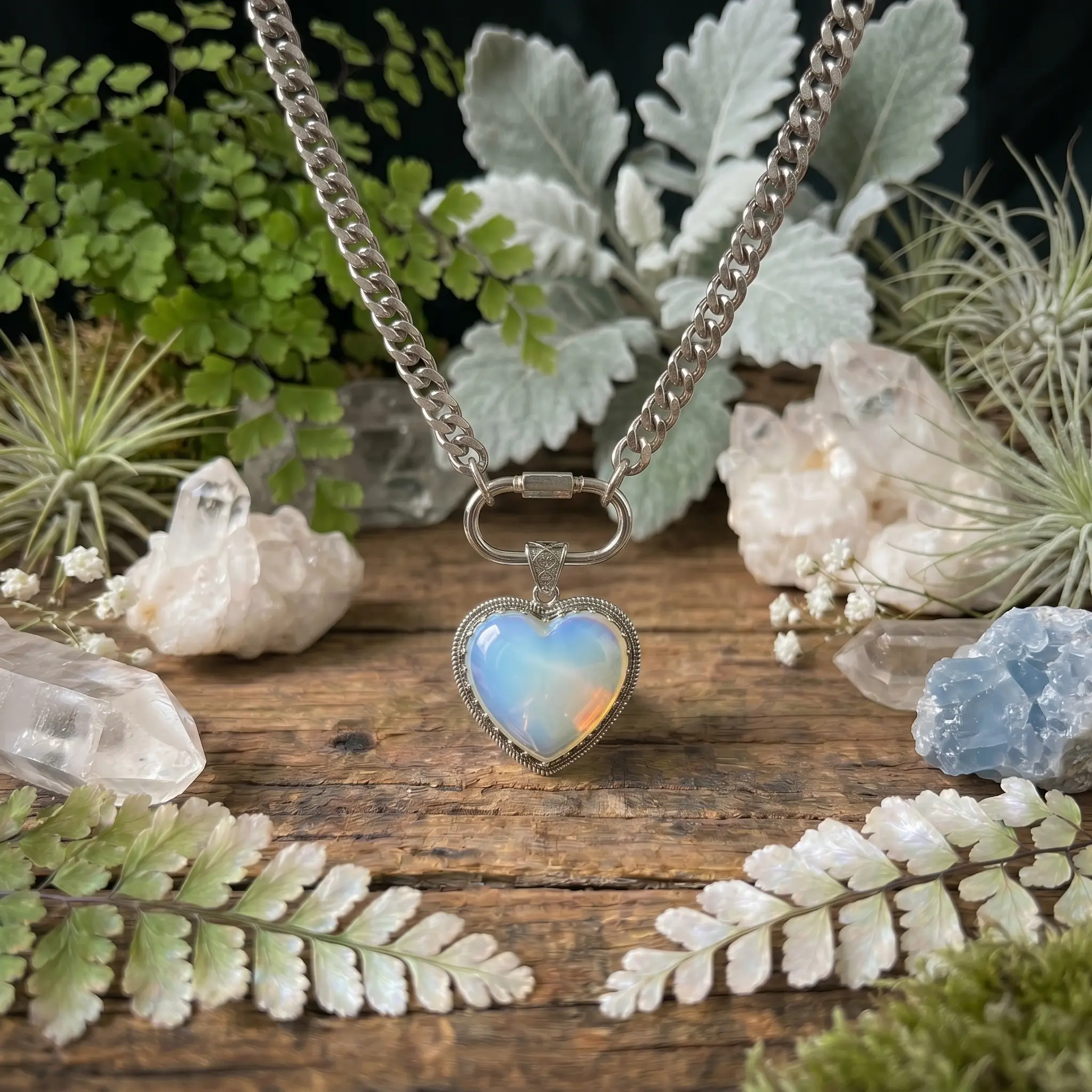 Natural Healing Crystal Heart Necklace for Self-Love & Inner Peace | Genuine Gemstone Heart Pendant with Elegant Silver Curb Chain | Spiritual Mindfulness Jewelry for Emotional Balance & Manifestation | The Perfect Self-Care Treat for Her