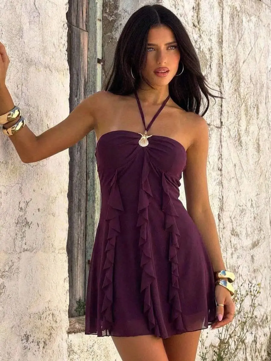 ABJ Women's Dark Purple Mesh Halter Mini Dress With Metal Starfish Decor,Ruffle Hem,Frills,Boho Tropical Summer Holiday Party Vacation 70s Resort Wear