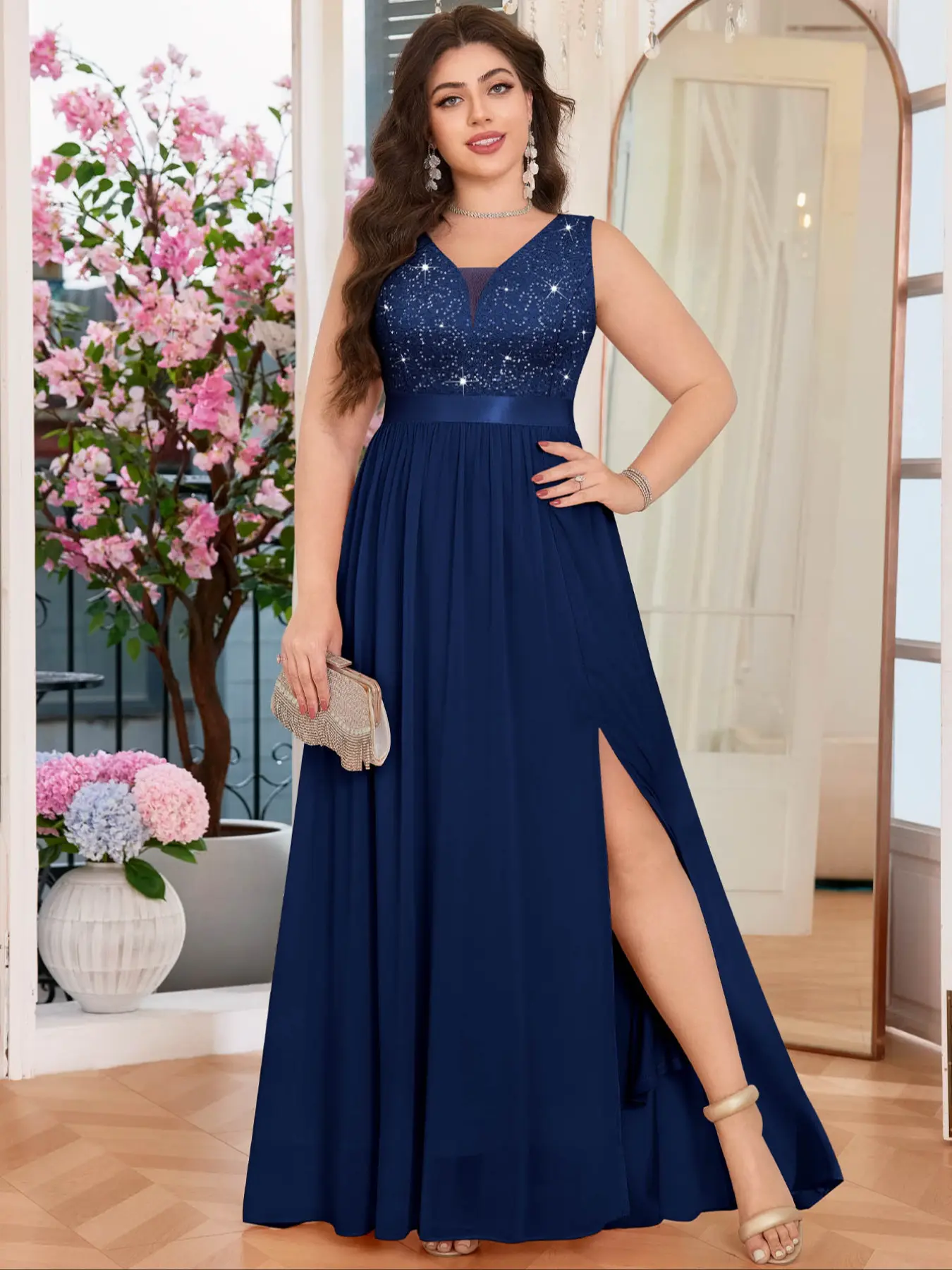 MISSMAY YP54225 Plus Deep V Neck Sequin Sparkly Floral Lace Chiffon Sleeveless Formal Party Maxi Dress