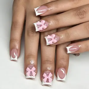 Short glossy pink bow sweet and white wearing armor versatile square fake nail patch