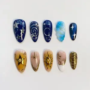 ES12 Celestial Sun & Moon Press-On Nails, Gold Star Charm Design, Midnight Blue Galaxy Swirl Art, Cosmic Handmade Nail Art, Dreamy Astrology Aesthetic Press Ons