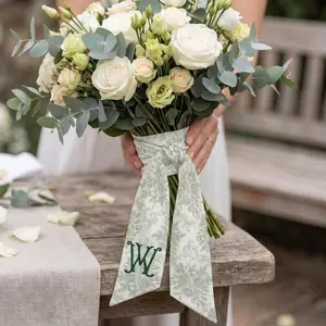 Personalized Wedding Bouquet Sash: Monogram Wreath Ribbon, Floral Toile