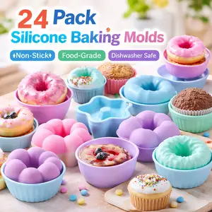 Multicolor Silicone Donut Molds 24 Pack – Nonstick 3 Inch Baking Cups, Reusable for Muffin, Jello, Bagel – Dishwasher Safe