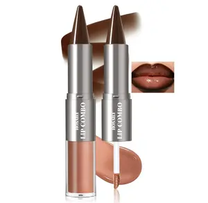 HOSAILY 2 in 1 Lip Combo Sets, Dark Brown Natural Lips Liner and Liquid Lipstick Combo Moisturizing Nude Glossy Gloss Lip Kit, Plumping Lightweight Lips Pencil with High Shine Tinted Gloss Set01