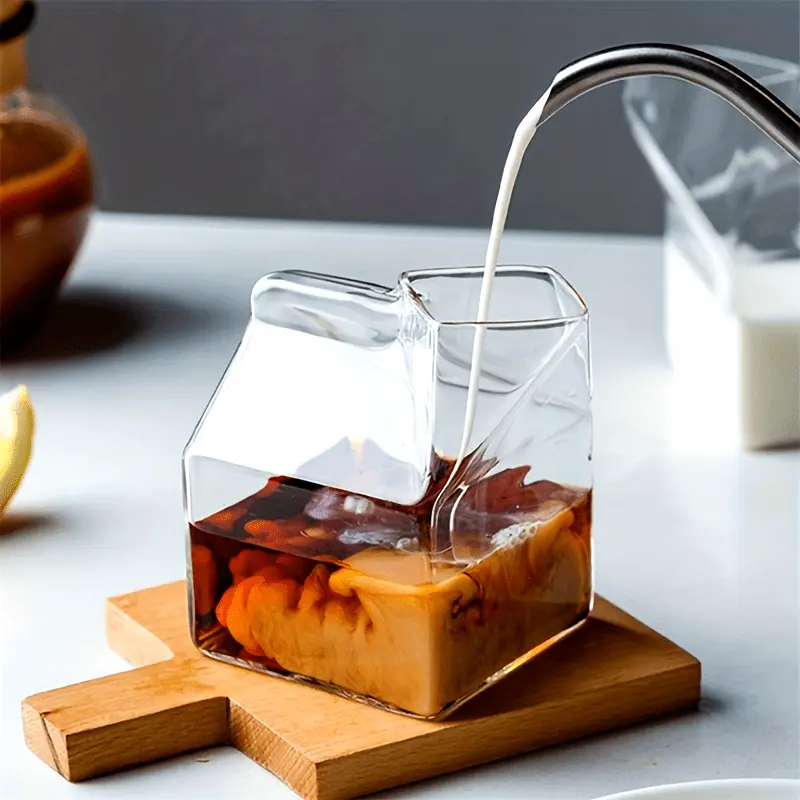 Aesthetic Transparent Glass Milk Box Cup - Stylish, Creative Kitchen Drinkware for Tea, Juice, Coffee, Birthday Gifts