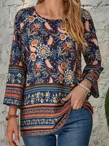 New Summer Autumn Feather Print 7/8 Sleeve Fashion Bohemian Women's T-Shirt, Stylish Casual Top for Daily Wear, Trendy Ladies' Clothing, Womenswear