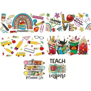 5 Sheets Teacher UV DTF Cup Wraps for 16oz Glass Cup Waterproof Teacher Day Uvdtf Wraps Transfer Stickers Colored Pencil Apple Ruler Pattern Back to School Water Bottle Decals Appreciation Gifts Customizable Stickers Sticker Packs