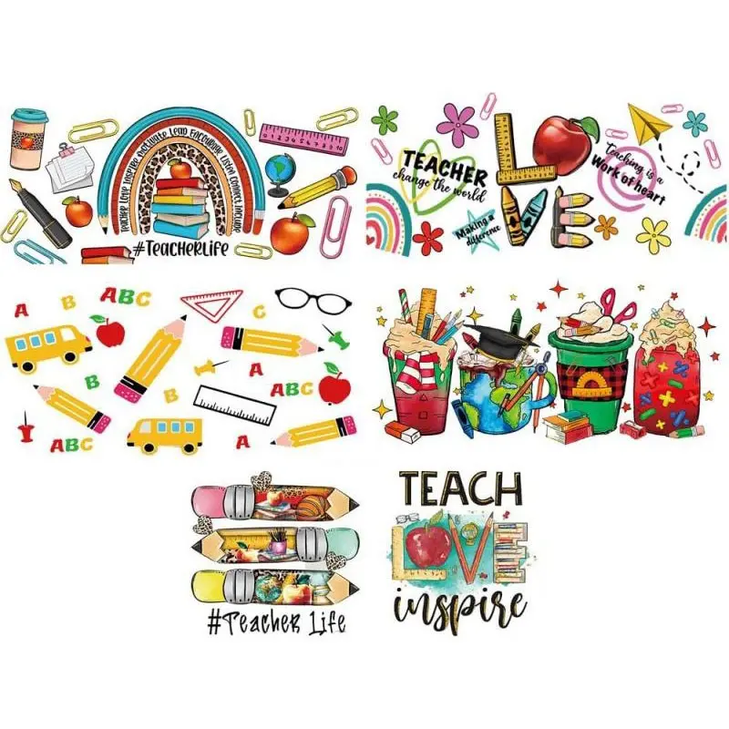5 Sheets Teacher UV DTF Cup Wraps for 16oz Glass Cup Waterproof Teacher Day Uvdtf Wraps Transfer Stickers Colored Pencil Apple Ruler Pattern Back to School Water Bottle Decals Appreciation Gifts Customizable Stickers Sticker Packs Crafts Cup Stickers