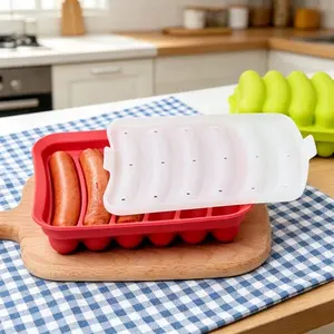 1 6-chamber silicone sausage mold with white lid, compact rectangular tray, safe silicone and heat-resistant structure, reusable and easy to clean, perfect for preparing meal gifts, family breakfast, barbecue parties