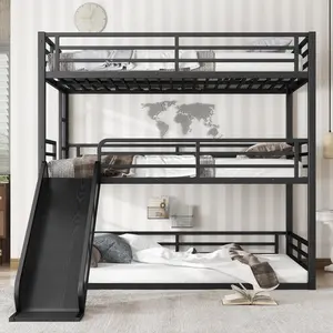 Mental Triple Bunk Bed with Slide, Full Over Full Over Full Triple Bunk Bed with Safety Guardrails, Heavy-Duty Bunkbeds with Noise-Reduced Design, No Box Spring Needed, Black