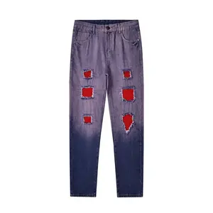 Purple-Blue Ombre High-Cotton Jeans | Red Patch Distressed Slim-Fit Denim