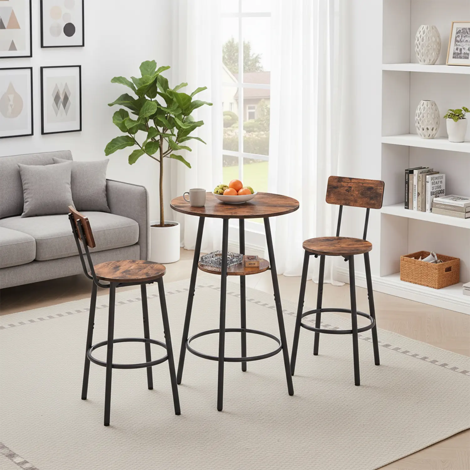 Round bar stool set with shelves, stool with backrest,Small Dining Table for 2, Kitchen Bar Table, Breakfast Table with Storage for Dining Room & Bistro