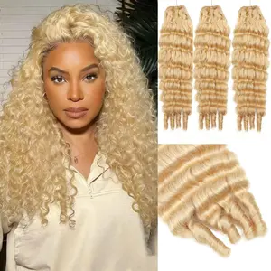 HC 613 Blonde Burmese Curly Bundles Human Hair 3 Blonde Bundles 3C4A Deep Weave with Spiral Curly End Raw Human Hair Extensions 100% Unprocessed Brazilian Virgin Hair,for Beginners Quick Weave ,SpringGlowUp