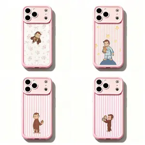 TY-Pink Curious Georgeee Phone Case,Cute Cartoon Monkey Phone Case,Cute Monkey Print on Floral & Striped Background with Pink Frame Protective Cover For iPhone 11 12 MINI 13 MINI 14 15 16 17 Air Pro Max for Samsung S26 S25 S24 S23 S22 S21 Case