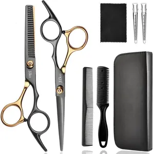Professional Barber Scissors Thinning Shears Hair Cutting Scissor Very Sharp Easy Cutting Grooming and Trimming Black and Gold - Travel Case Full Hair Set