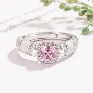 Pink Sugar Cube Imitation Mother-of-Pearl Ring for Women, Light Luxury Finger Ring with Oil Drip Craft Design, Index Finger Ring