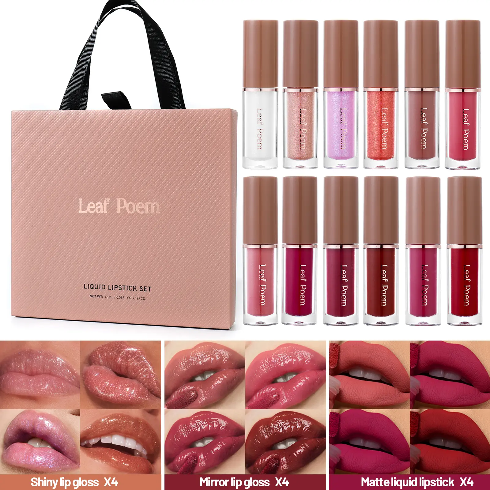 12pcs Mirror Glossy Lipstick Makeup Set With Three Lip Color Effects Velvet Moisturizing Matte Lip Gloss Waterproof Long Lasting Non Stick Cup Cosmetic