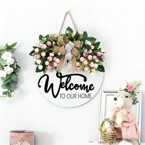 Country Style Spring Greeting Door Hanger, Elegant Welcome Sign, Home Ornament, Doorframe Ornament, Perfect for Farmhouse Porch and Outdoor Walls, All-Season Wall Decor Gift