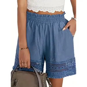 Casual Summer Shorts - Lace Trim Slant Pocket Shorts, Paper Bag Waist - Women's Clothing